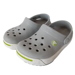 Crocs Crocband Clogs Boys 6/7 Gray Lime Green Stripe Retro Water Shoes Summer